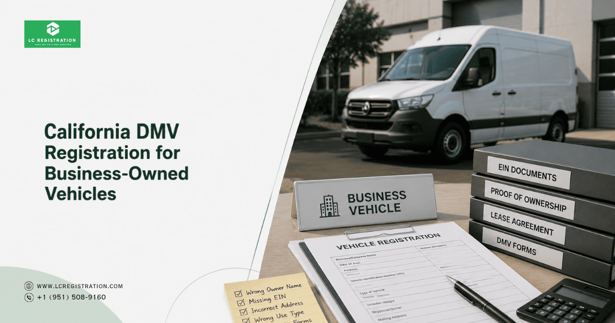 California commercial vehicle registration paperwork for a business-owned truck fleet
