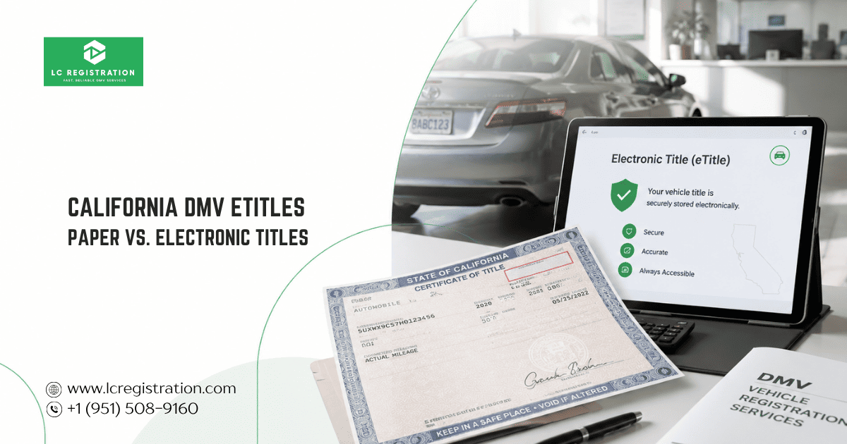 California DMV eTitle guide showing electronic vehicle title vs paper title for California title transfer and vehicle ownership