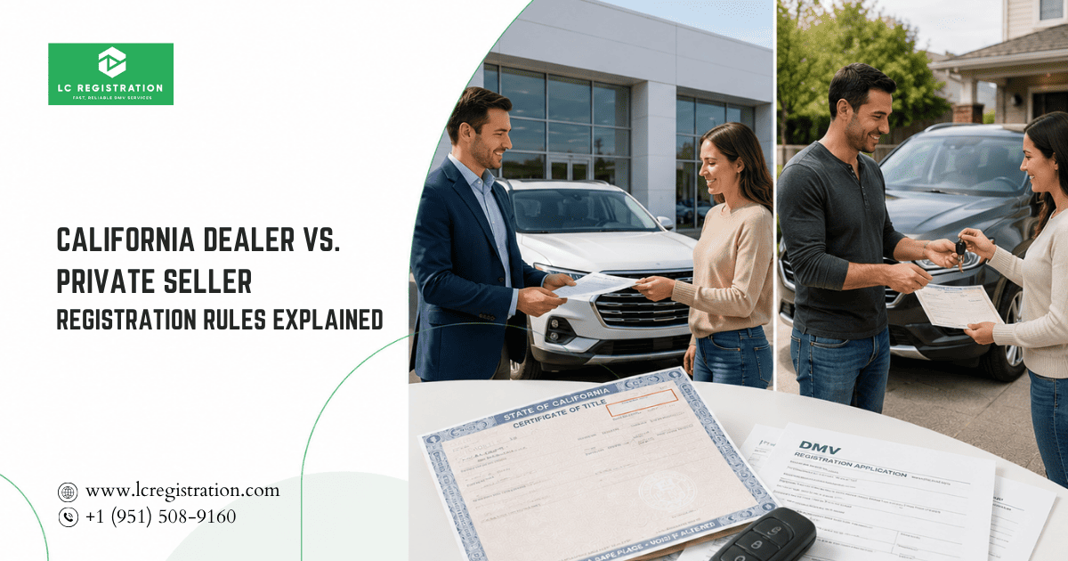 Comparison graphic illustrating California dealer vs private seller car registration rules, title transfer forms, and DMV smog requirements.