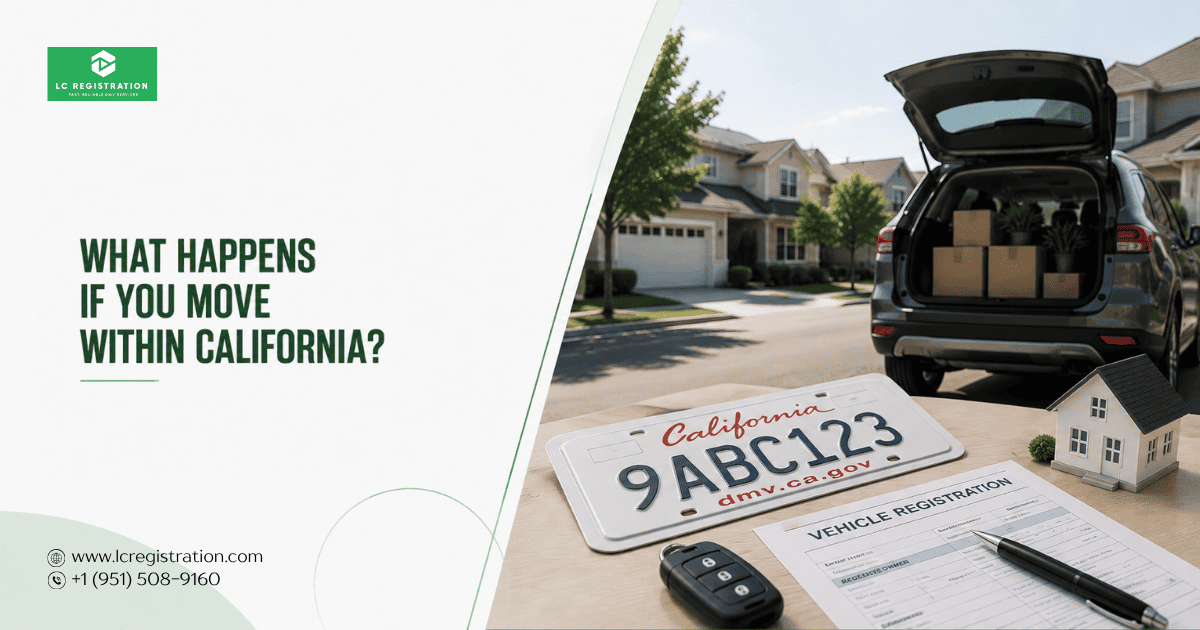 California DMV change of address form and vehicle registration card for an in-state move