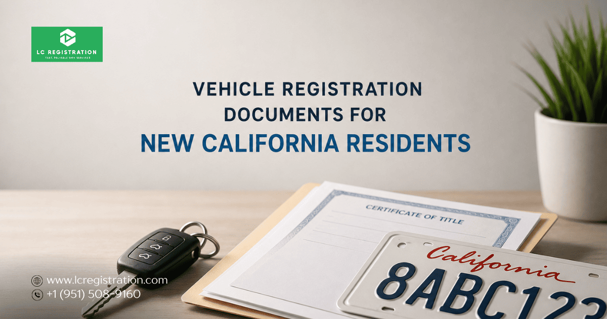 New California resident reviewing vehicle registration documents including an out-of-state title and REG 343 form