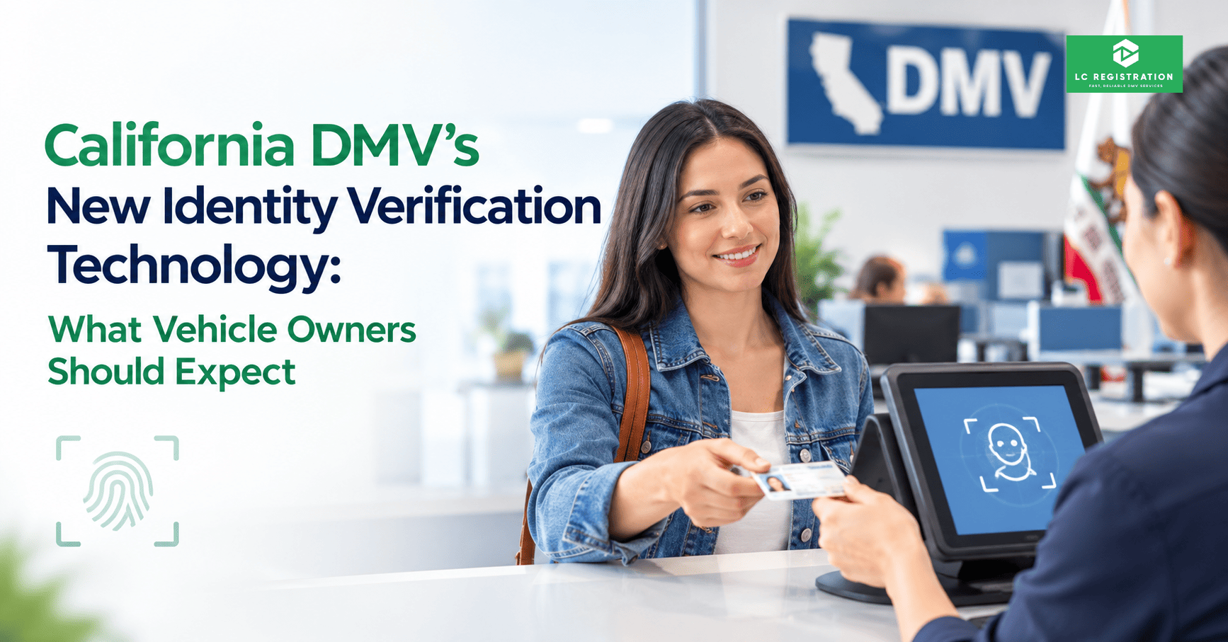Infographic showing California DMV Mobile Driver’s License (mDL) smartphone digital wallet verification and eTitle transfer process on a laptop screen